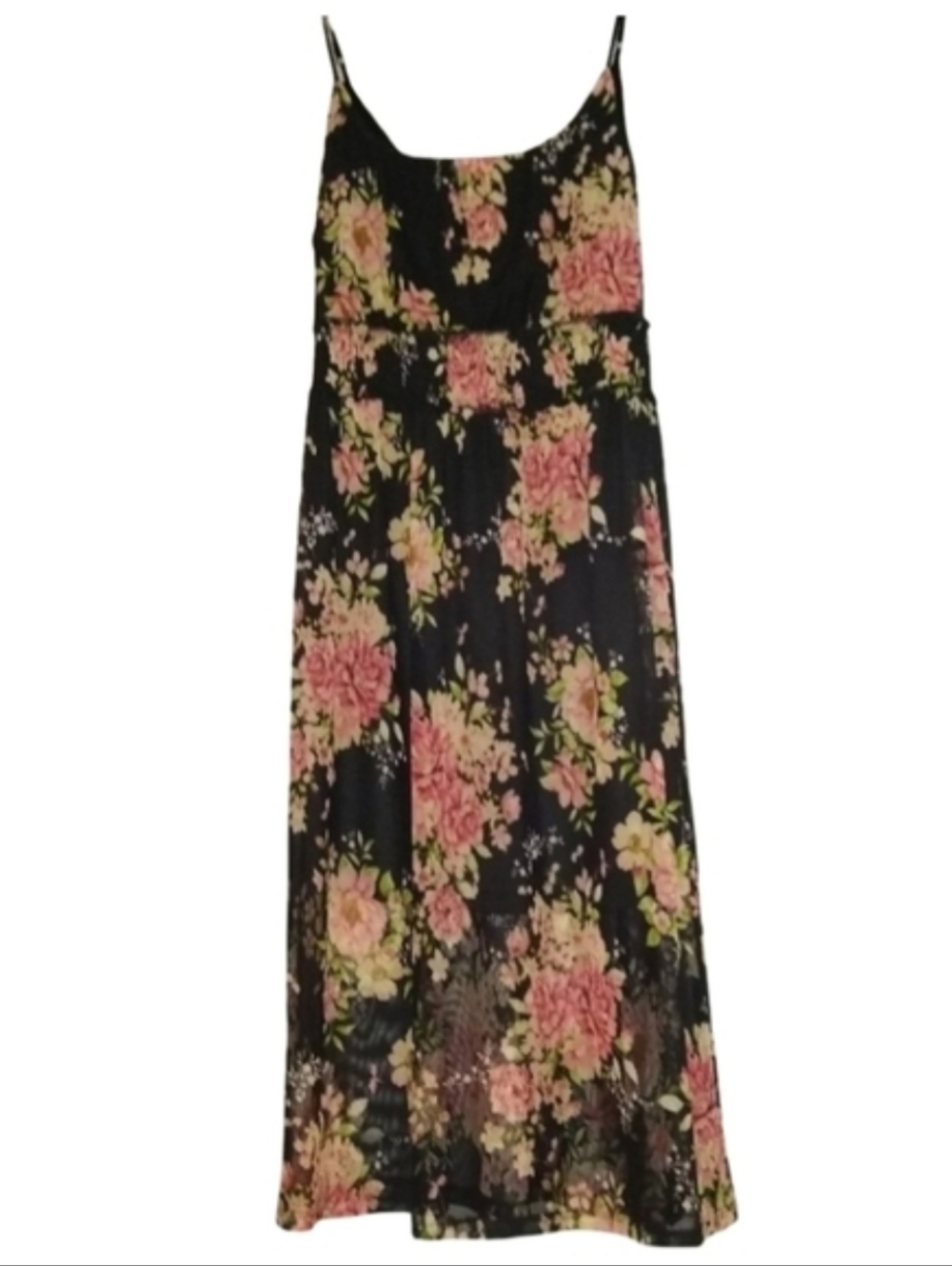 Dark Floral Whimsygoth Dress Black Midi Stretch Mimi Chica Sheer Layer Flowers L